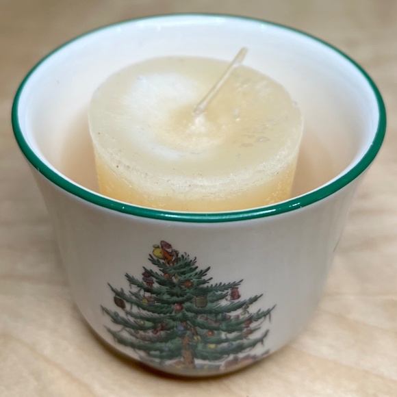 Vintage Spode Votive Cup and Candle in Christmas Tree Pattern - Picture 4 of 6